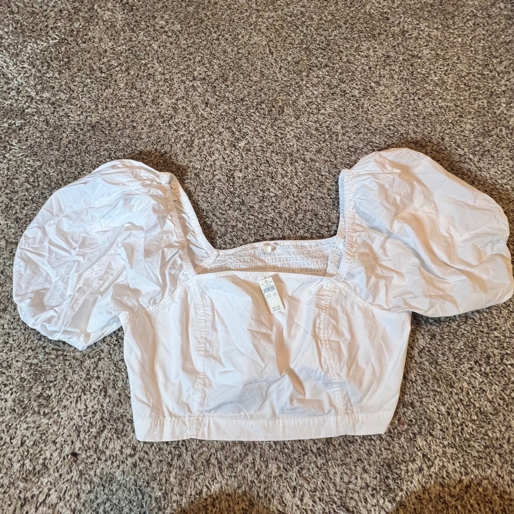 Aerie White Puff Sleeve Smocked Back Crop Top Square Neck XXL 078-1782-3675